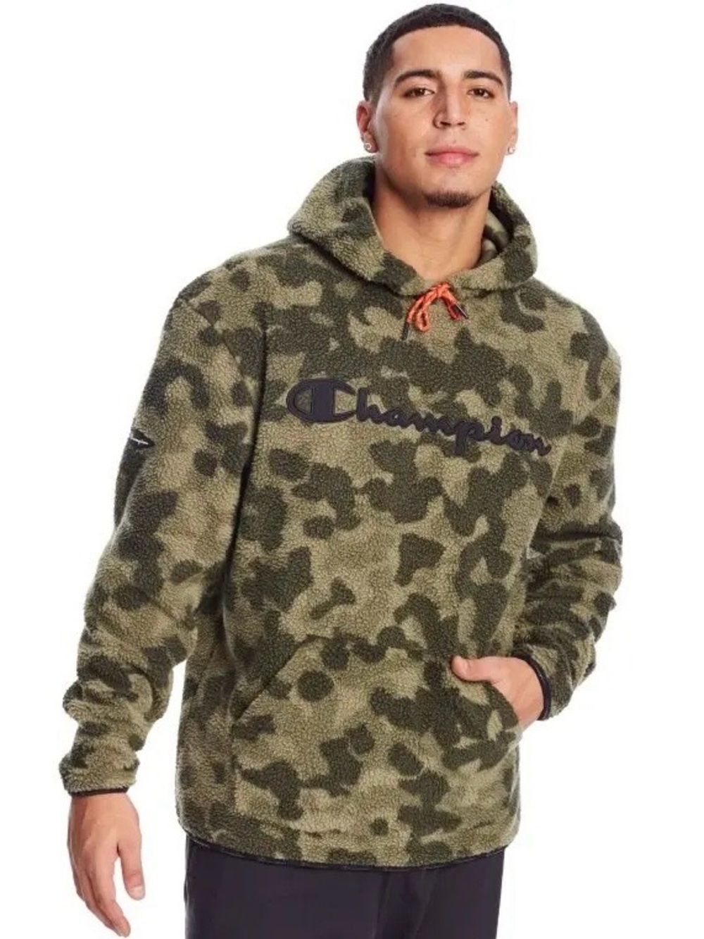 Champion Heritage Embroidered Script Logo Camo Sherpa Hoodie Sweatshirt Pullover